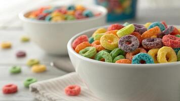 Close-up of a colorful bowl of fruit loops in a white bowl with a blurred background photo