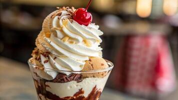 A close-up of a ice cream sundae with whipped cream and a cherry on top photo