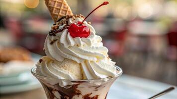 A close-up of a ice cream sundae with whipped cream and a cherry on top, blurred background photo
