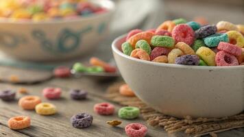 Macro shot of a bowl of colorful cereal with a shallow depth of field photo