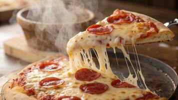 Close-up of a slice of pizza with melted cheese and pepperoni, shallow depth of field photo
