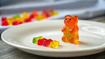 Macro shot of a single gummy bear on a white plate with a shallow depth of field photo