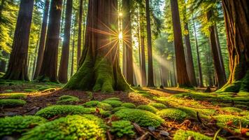 Redwood forest floor covered in dappled sunlight, with a shallow depth of field focusing on the moss and leaves photo