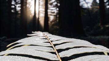 Macro shot of a dew-covered fern leaf in a redwood forest, with sunlight highlighting the details photo