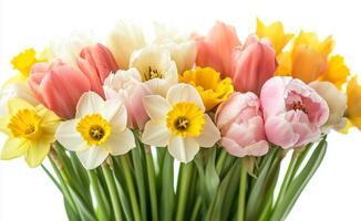Pastel Spring Bouquet. Daffodils, Tulips, and Peonies in Vibrant Harmony photo