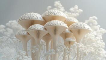 Enchanted Creamy White Mushroom Cluster in a Dreamlike Floral Setting. A Surreal Digital Art, Desaturated photo