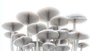 A Cluster of Delicate White Mushrooms Against a Bright Background. A Study in Natural Textures and Forms, Desaturated photo