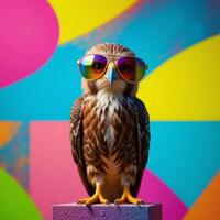 Cool Hawk in Sunglasses Against Vibrant Geometric Backgrounds photo
