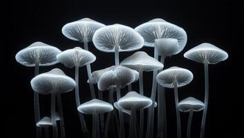 Ethereal Glow. A Cluster of Luminescent Mushrooms in the Dark, Desaturated photo
