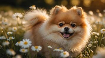 A cheerful Pomeranian dog surrounded by daisies in a sunlit field. photo