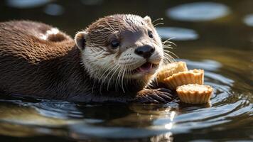 A playful otter swims in water, holding treats in its paws. photo