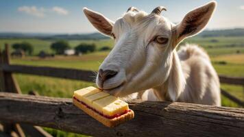 A goat nibbling on a slice of cake in a picturesque rural setting. photo