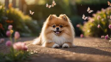 A cheerful Pomeranian dog surrounded by butterflies and flowers in a sunny garden setting. photo