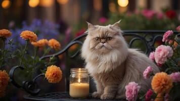 A fluffy cat sits beside a candle in a vibrant flower garden. photo