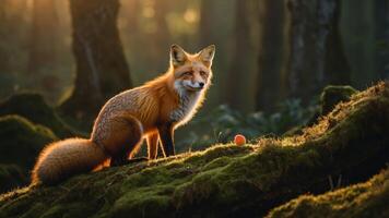 A fox stands gracefully on a mossy log in a sunlit forest, exuding a serene presence. photo