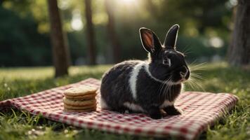 A black and white rabbit sits on a picnic blanket beside a stack of cookies in a sunlit park. photo