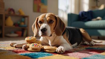 A beagle lying on a colorful rug with cookies, looking curiously at the camera. photo