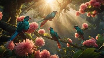 Vibrant tropical scene with colorful birds among pink flowers and sunlight filtering through trees. photo