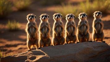 A group of meerkats standing alert in a desert setting, showcasing their social behavior. photo