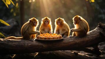 Four monkeys enjoying a platter of cupcakes in a sunlit forest setting. photo