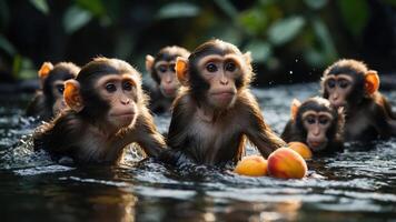 A group of young monkeys play in water, enjoying floating fruits. photo