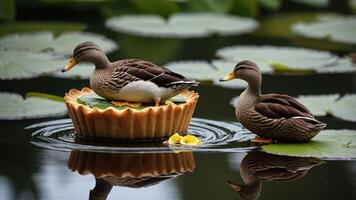 Two ducks on a lily pad with a tart, creating a whimsical nature scene. photo