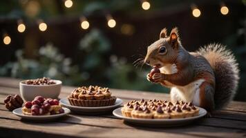 A squirrel enjoys pastries and fruit on a table adorned with string lights. photo