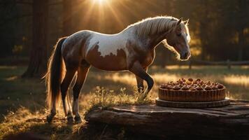 A horse curiously approaches a large cake in a sunlit forest setting. photo