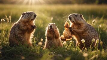 Three groundhogs enjoying a snack in a sunlit meadow. photo