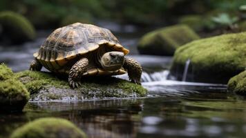 A turtle resting on a moss-covered rock by a serene stream in a lush environment. photo