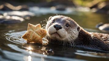 An otter floating in water, playfully holding a star-shaped pastry. photo