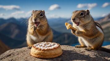 Two squirrels enjoying a pastry on a rocky surface with a scenic mountain backdrop. photo