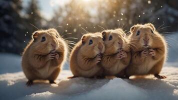 Four small animals standing together in the snow, with a warm light in the background. photo