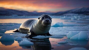 A seal resting on ice with a colorful sunset in the background. photo