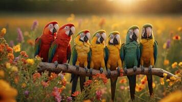 A vibrant group of colorful parrots perched on a branch amidst a field of flowers. photo