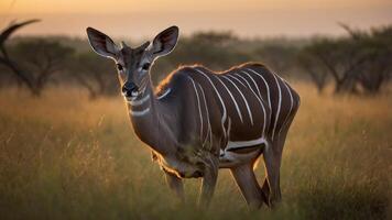 A graceful kudu stands in a sunlit savanna, showcasing its striking stripes and serene presence. photo
