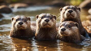 A group of otters playfully interacting in a serene water setting. photo