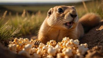 A prairie dog curiously interacts with a pile of popcorn in a natural setting. photo