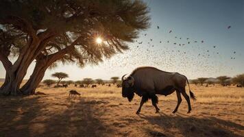 A serene landscape featuring a gnu walking under a tree with birds flying above at sunset. photo