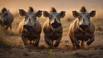 Three warthogs running joyfully in a natural setting during golden hour. photo