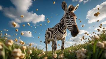 A zebra stands in a field with popcorn-like flowers under a blue sky with clouds. photo