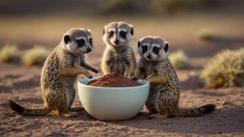 Three meerkats gathered around a bowl of reddish substance in a desert landscape. photo