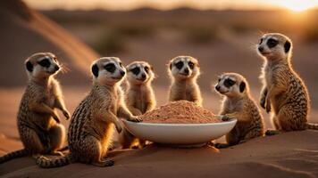 A group of meerkats gathered around a bowl of food in a desert setting during sunset. photo
