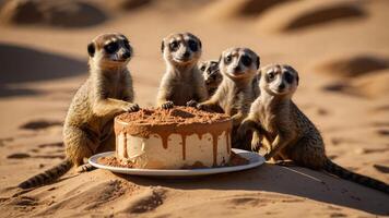 A group of meerkats curiously gathered around a cake in a sandy desert setting. photo