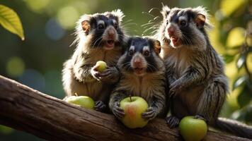 Three adorable animals sitting on a branch, holding apples in a natural setting. photo