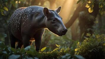 A tapir stands in a lush forest, illuminated by soft sunlight filtering through the trees. photo