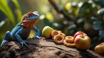 A colorful lizard rests on a log beside apples and snacks in a natural setting. photo