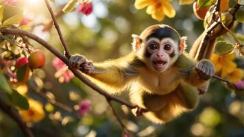A playful monkey hanging on a branch amidst colorful flowers in a vibrant natural setting. photo