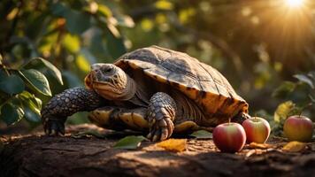 A tortoise resting on a log with apples nearby, illuminated by soft sunlight. photo