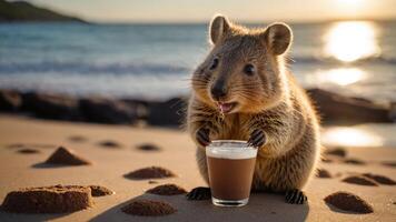 A quokka enjoys a coffee drink on a sandy beach with waves in the background. photo